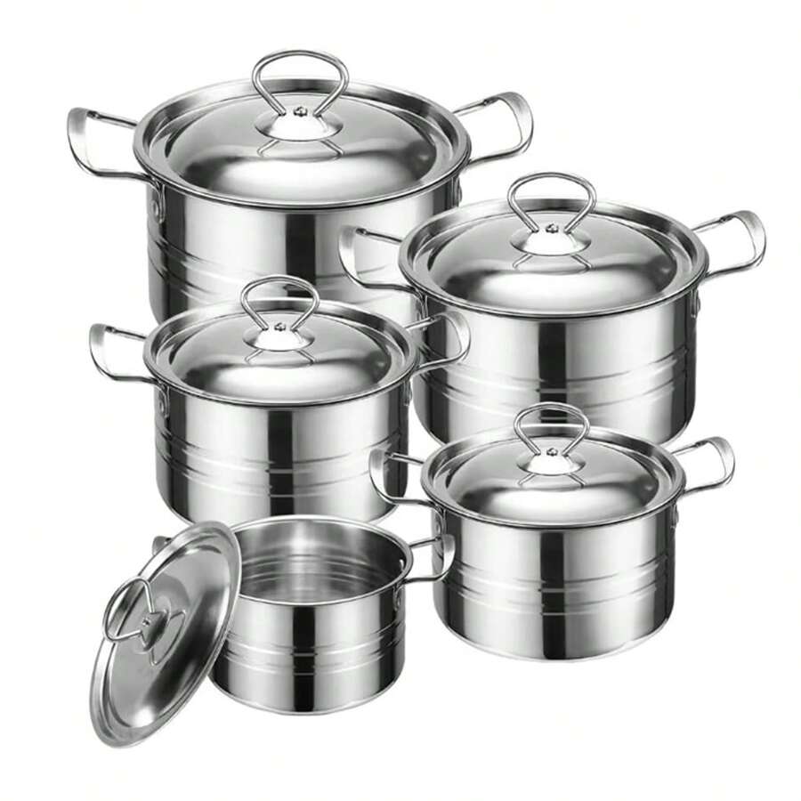 Batería de Cocina de Acero Inoxidable de 5 Piezas, Batería de Cocina de Acero Inoxidable de Doble Asa, Batería de Cocina con Tapa, Placa de Inducción - Plateado - Ver 1