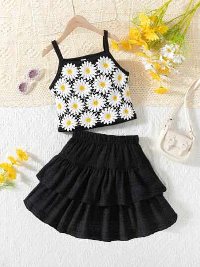 2 Stücke/Set Tween Mädchen Lässig Schwarz Rippengestrick Weiß Blumen-Allover-Rüschen Top + Schwarz strukturierter Strick Rüschen-Saum Mini-Rock Set, für Mädchen Lässig Alltag Tragen, Frühling/Sommer