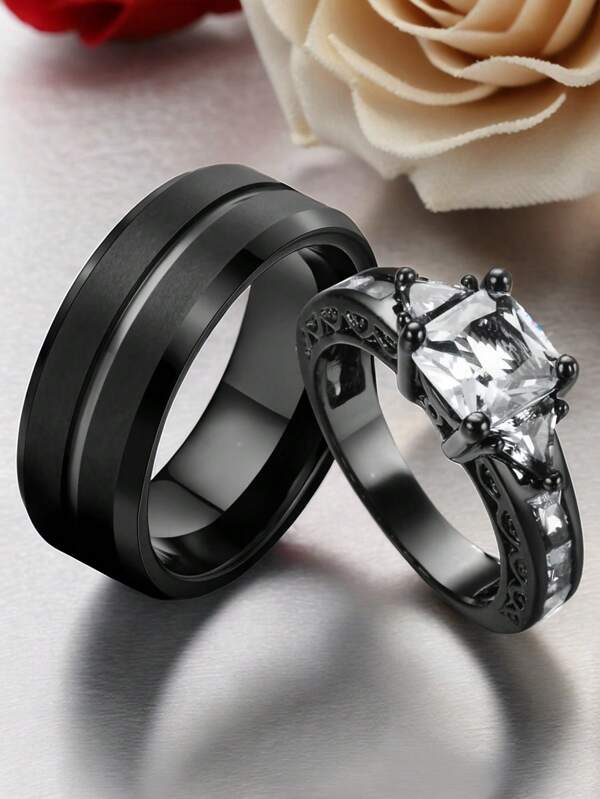 1 pieza Anillo de moda para pareja, anillo de boda de acero inoxidable para hombre - 1 pieza Elegante anillo de compromiso de corte princesa para mujer, regalo de joyería nupcial