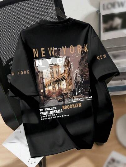 青少年男孩纽约市印花圆领T恤，夏季舒适、时尚、休闲，春夏新款，非常适合上学、购物、街头穿着和度假。