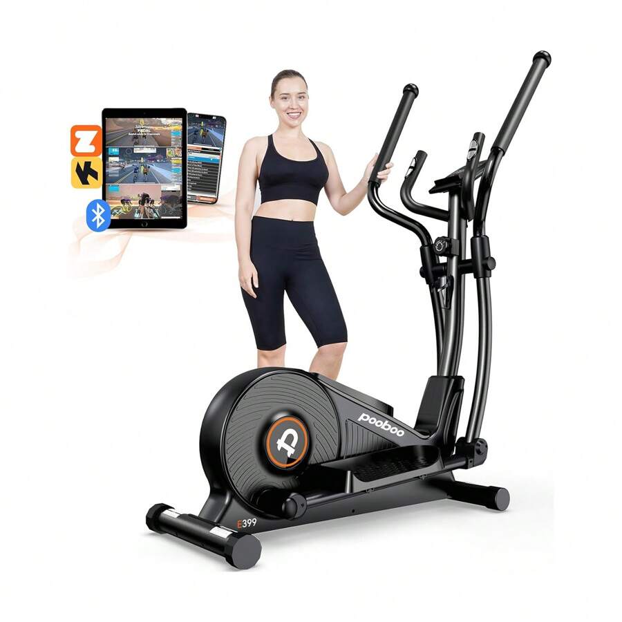 Máquina elíptica Pooboo, máquina de ejercicios elíptica con resistencia de 16 niveles y sistema de conducción magnética súper silencioso, máquina elíptica para el hogar con monitor LCD y zancada de 15.5 pulgadas, capacidad de peso de 350 libras - Negro - Ver 1