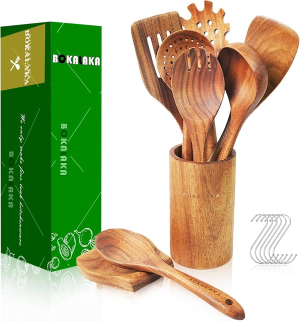 ​9-Piece Wooden Spoons For Cooking-Comfort-Grip Wooden Utensils For Cooking-Smooth Finish Wooden Cooking Utensils With Utensils Holder-Wooden Kitchen Utensil Set With Spoon Rest  Hooks