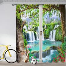 2Pcs Dreamy Waterfall Landscape Curtains 3D Digital Print Sunshade Drapes Tropical Rainforest Nature Scenery Living Room Bedroom Study Window Decoration HD Printing Set Of 2 Panels Modern Art Style All-Season Fabric Easy Clean Durable Soft Light Adjustment Create Natural Atmosphere Enhance Space Quality Green Plants White Doves Swans Pattern Wooden Ladder Waterfall Lake Forest Panorama(59x65in, 79x87in, 84x63in, 104x84in), Outdoor Curtains - 彩色 - 查看 2