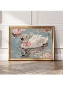 CPWAD 1 件无框帆布海报印刷，复古艺术，白天鹅配粉色蝴蝶结艺术海报印刷，墙画艺术帆布画，卧室客厅，厨房现代家居装饰，无框