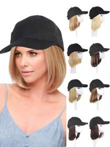 Gorra de béisbol con peluca para mujeres, gorra de béisbol negra con extensiones de cabello sintético rubio liso de 10 pulgadas, gorra de béisbol negra ajustable con peluca tipo bob de cabello rubio, negro y marrón, adecuada para mujeres y niñas