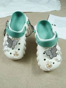 Women's Soft Comfortable Anti-Slip Contrasting Color Butterfly & Silver Chain Breathable Slippers, Suitable For Indoor & Outdoor Wear, Removable Insole - Green - View 2