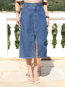 New Women's Slit Denim Skirt With Belt - Dark Wash - View 3