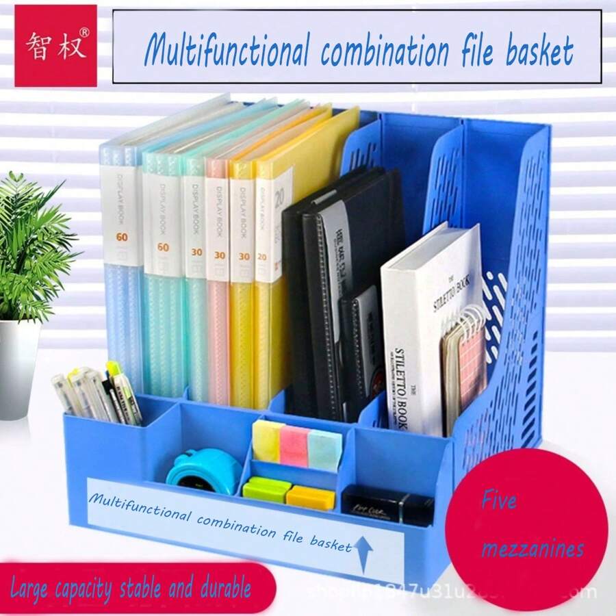 1pc 4-Slot Plastic File Holder Desk Organizer Rack, Suitable For Office, Home, School, A4 Documents Storage, Stationery Supplies - Multicolor - View 1
