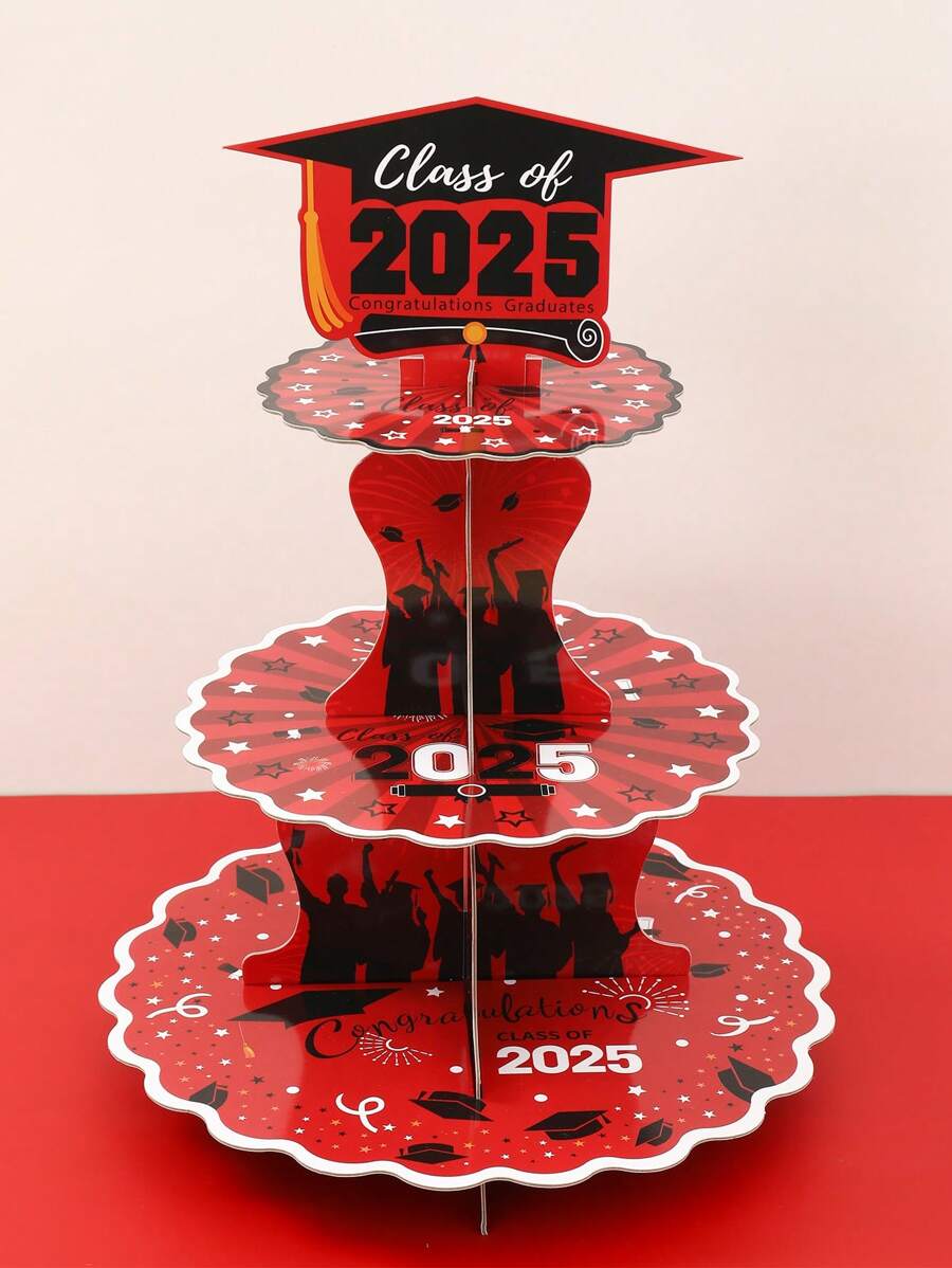 1 套毕业季主题蛋糕架，3 层纸杯蛋糕甜点展示架 2025 毕业主题派对装饰品纸杯蛋糕架，适用于 2025 年毕业派对装饰，厨房家居蛋糕装饰派对用品