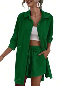 2pcs/Set Women Casual Sports Set, Long Shirt And Shorts