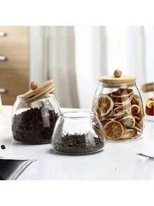 1pc Transparent Glass Storage Jar, High Borosilicate Glass Sealed Jar With Bamboo Wooden Lid & Wooden Bead Triangle Tea Canister Back To School