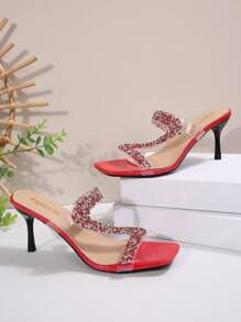New Plus Size Women Square Toe Rhinestone Decor Stiletto Heel Sandals, Casual Fashionable Beach Wear Summer Shoes
