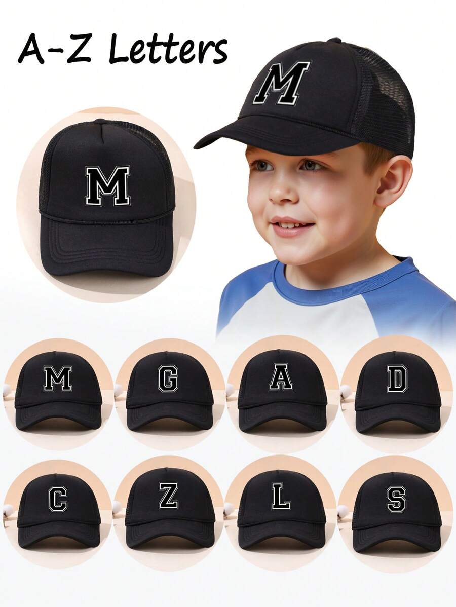 1pc Kid's 26-Letter Baseball Hat, New With Drawstring, Fashionable And Versatile Mesh Breathable Sun Hat, Suitable For Daily Outings In Spring And Summer, Suitable For Use As A Gift