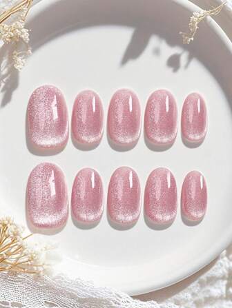 Handmade Nail Accessories Set, Including 10Pcs Short Oval Press-On Nails, Cute Pink Crystal Cat Eye Designed, Suitable For Girls, Christmas Party Or Daily Wear, With 1Pc Nail Foil Sticker And 1Pc Strip Nail Supplies Nails