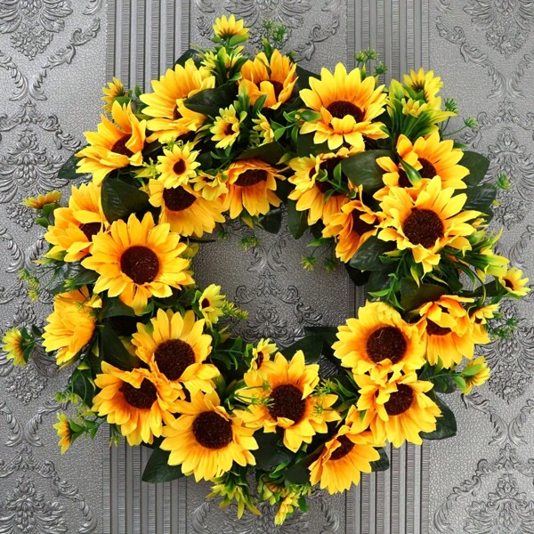 1pc 17.7inch Sunflower Floral Wreath - UV Resistant Artificial Floral Wreath For Outdoor/Indoor Farmhouse Decor, Easy To Hang And Clean, Spring/Summer Wreath