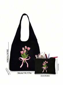 郁金香主题教师节礼品套装，包含黑色化妆包、零钱包、便捷收纳袋和指甲油收纳盒。“粉色郁金香，饱含甜蜜与温暖，象征着永恒的爱与幸福。它如同落日余晖，温柔地洒落在心间，充满浪漫与柔情。”这款设计精美的包袋适合女性或学生使用，可用于携带书籍、购物、返校，是完美的教师节礼物。