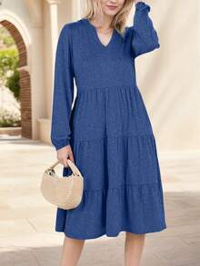 SANOPY Dresses For Women,Casual Dresses For Women,Long Dresses For Women,Chic Casual V Neck Long Sleeve Midi Dress Loose Fit Tiered Dresses - 藏蓝色 - 查看 4