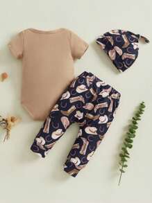 Baby Cowboy Outfit 3Pcs Set, Letter Print Romper, Boot Jeans  Hat Western Newborn Boy Clothes For Summer - 卡其色 - 查看 2