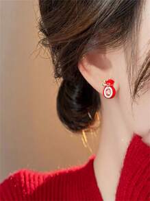 1 Pair Of Elegant Red Lucky Pouch Design Earrings