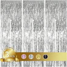 3pcs Metallic Foil Tinsel Fringe Curtains, Party Background Decoration, Birthday Party Wedding Decor Supplies