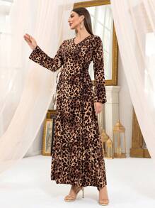 Women Leopard Print Tunic Waist Long Sleeve Dresses Elegant Long Sleeve Robe Abaya Modest Kafftan Jalabiya Arabian Dresses Ramadan Style For Summer Dresses
