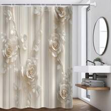 1/4 pièces Rideau de douche en polyester 3D à fleurs imperméable avec crochets, impression numérique, tissu lavable en machine. Séparateur de salle de bain imperméable et décoratif pour la maison, convient pour toutes les saisons, décoration de salle de bain, décoration d'automne, accessoires de salle de bain, rentrée des classes