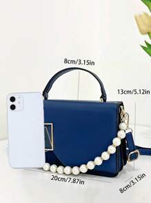 Mini Woven Chain Decor Flap Black Lock Handbag For Women, Portable Shoulder Crossbody Bag Suitable For Office, Shopping, Travel - Blue - View 3