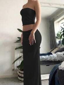 2-delige outfit voor vrouwen, stijlvolle, jonge, sexy, schattige afstudeerjurk, crèmegeel, afstudeerseizoen