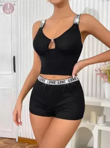 女士吊带背心和短裤睡衣套装，带爱心丝带，舒适又时尚 - 黑色 - 查看 1