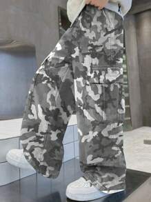 1st Jongens/Tieners Casual Camo Print Losse Cargo Broek, Multi-Zak Wijde Pijpen Broek, Buiten Oefening, Lente/Zomer/Herfst/Winter