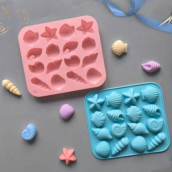 1/3 piezas Molde de silicona con cavidades de 12 formas de concha y estrella de mar para hacer chocolates, cubitos de hielo, herramienta de repostería casera