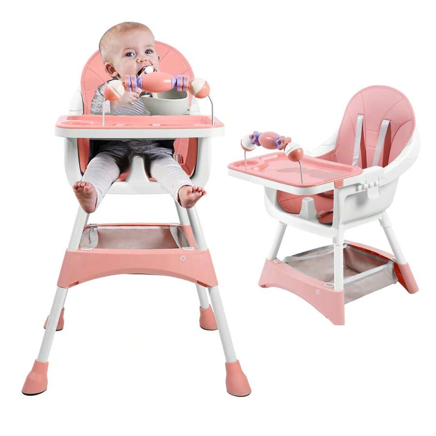 Ubravoo Baby High Chair, Height Adjustable - Convertible High/Low Chair,With Detachable Tray Seat Belt Footrest And Toy Rack,Growing From 6 - 36 Months Baby Chair - 粉色 - 查看 1