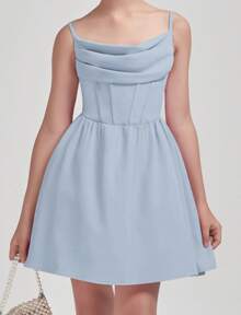 EXARUS EXARUS Vestido de tirantes finos para niñas con frunces y cuello vuelto para baile de graduación, fiesta de graduación, vestidos formales de corte A, de 8 a 14 años