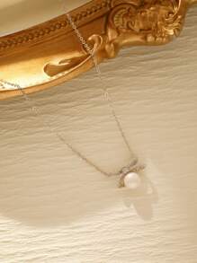 1pc Elegant Cultured Freshwater Pearl & Cubic Zirconia Silver Jewelry Bow Pendant 925 Sterling Silver Necklace, Suitable For Women Everyday Wear - Silver - View 3