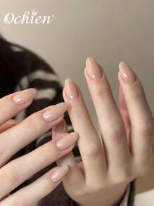 24pcs Oval Shaped Short Press-On Nails, Nude Solid Color Fake Nail Set, With 1pc Jelly Glue And 1pc File, Suitable For Holidays And Everyday Wear - Beige - View 2