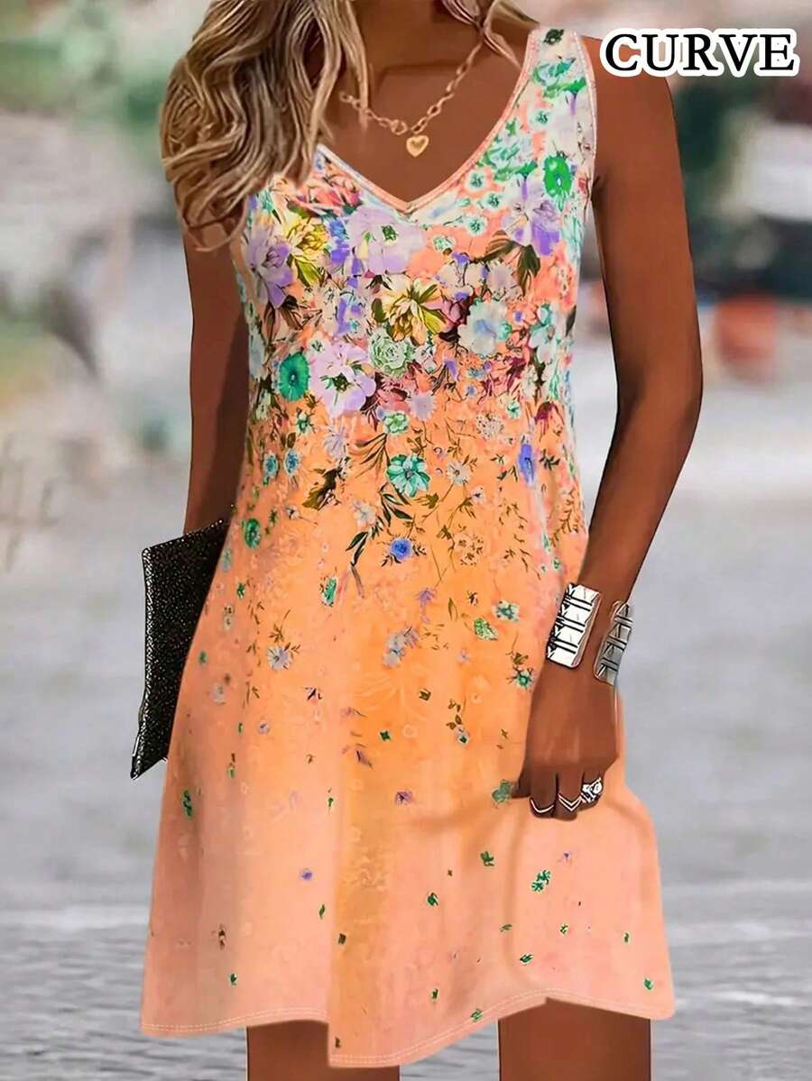 Plus Women's V-Neck Floral Print Sleeveless Tank Dress - Orange - View 1