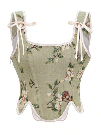 大码女式花卉印花可调节系带复古短款上衣，灰绿色