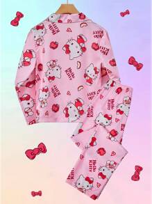 Sanrio 2 件女童 Hello Kitty 印花纽扣式长袖睡衣套装 + 长裤睡衣