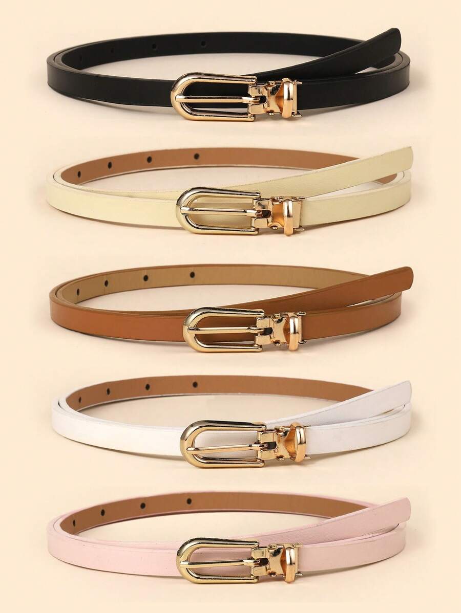 Simple Stylish Multi-Pack Casual Skinny Belts, Solid Color PU Leather Belt - Multicolor 5 Strips - View 1