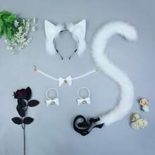 Faux Animal Ear, Tail, Lace Hand Bracelet & Necklace Bell Fluffy Cosplay Props Headband Set