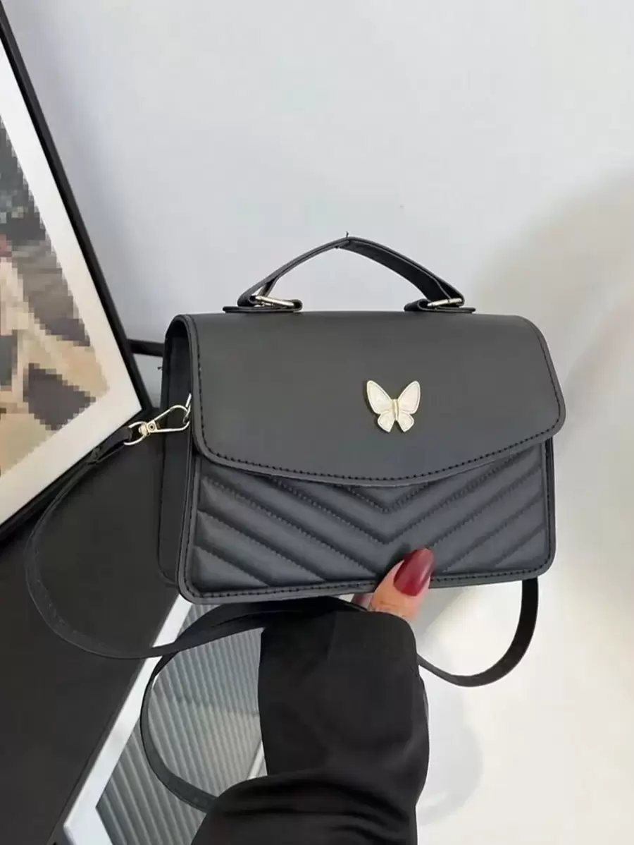 1 pieza Bolso de mano con solapa acolchada y hebilla metálica de lazo, estilo de moda en PU negro, adecuado para uso diario, salidas, compras, citas, regalo de cumpleaños, Día de San Valentín o eventos de moda para la novia. - Negro - Ver 1