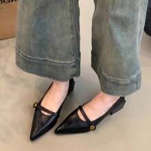 Pointed Shallow Mouth Commuter Shoes For Women 2025 Spring And Autumn French Retro Thick Heel Evening Shoes Fashionable Mary Jane Leather Shoes - 黑色 - 查看 1