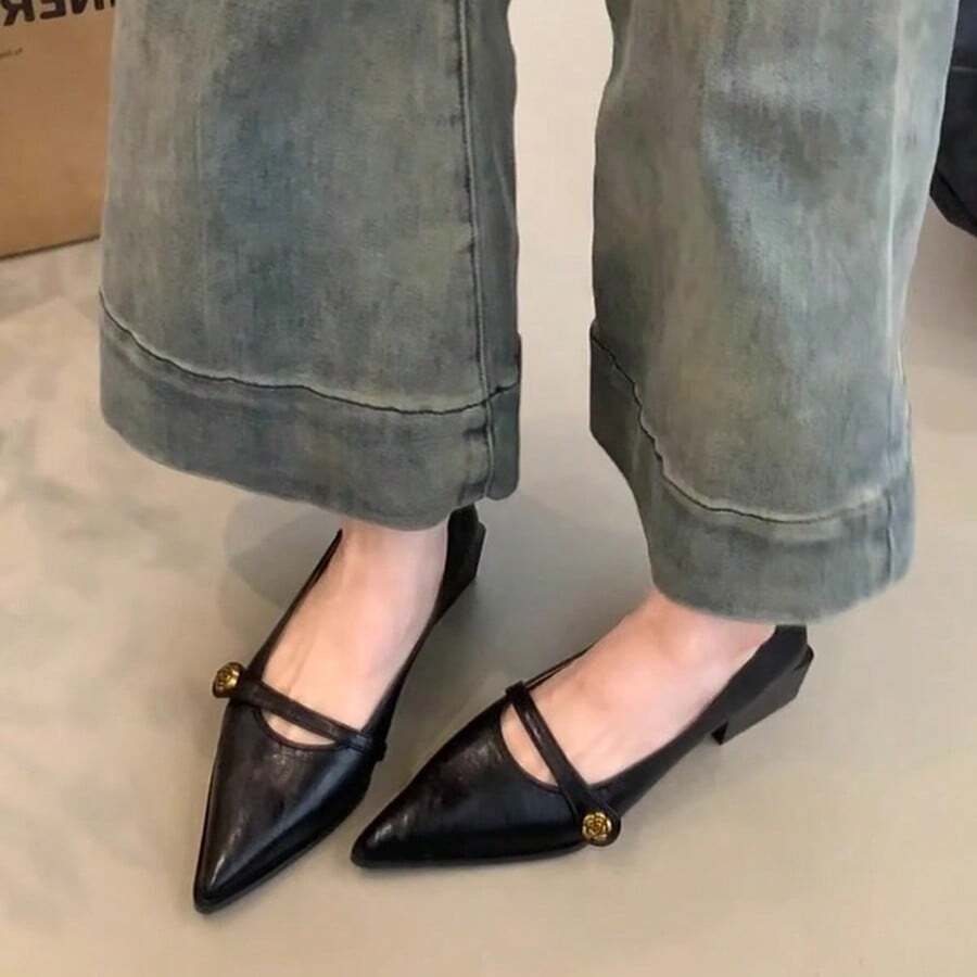 Pointed Shallow Mouth Commuter Shoes For Women 2025 Spring And Autumn French Retro Thick Heel Evening Shoes Fashionable Mary Jane Leather Shoes - 黑色 - 查看 1