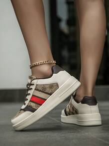 Women's Fashion Color Block Lace Up Platform Sneakers, Comfortable Daily Light-Weight Versatile Student Outdoor Couple Sports Shoes - Brown - View 9