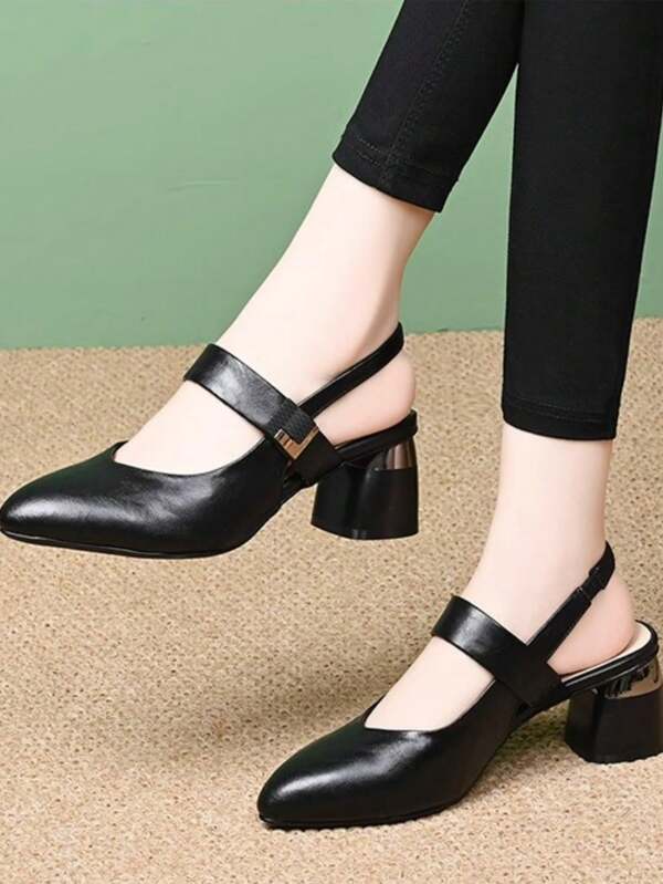 2pcs Chunky Heel Closed Toe Sandals, Soft Leather Upper, Pointed Toe Design With Ankle Strap, Low Vamp Casual Shoes For Summer, Versatile Medium Heels Mules