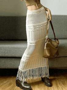 Women's Knitted Hollow Tassel Solid Color Elegant Skirt, Spring/Summer - Beige - View 3