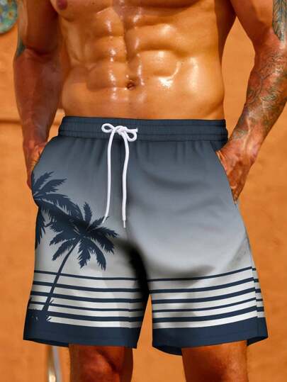 Pantalones cortos ligeros de playa con estampado 3D digital de árbol de coco, de talla grande, para hombre, de uso casual, deportivo y al aire libre, con cordón en la cintura, para vacaciones y uso en casa