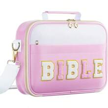 1pc Fashionable Pink Women's Bible Bag With "Bible" Text In Chenille, Adjustable Strap And Inner Pockets - Multipurpose Tote Bag To Store School Supplies, Pens And Electronics,Back To School,Pencil Case,Pencil Pouch,School Bag