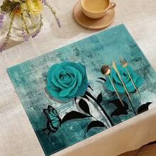 4 piezas, empacadas en 6 piezas, Individuales de mesa, diseñados con un patrón de rosa azul oscuro sobre lino, individuales de mesa, hechos de poliéster lavable a máquina, tamaño 12 * 18 pulgadas/30 * 45cm, resistentes al calor, adecuados para decoración del hogar, restaurante, decoración de hotel