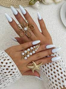 1SET 戒指套装夏季海洋风格，度假风格，花朵戒指立体五瓣花可调节戒指女士叠戴戒指甜美婚礼周年舞会珠宝礼物派对礼物 - 金色 - 查看 6